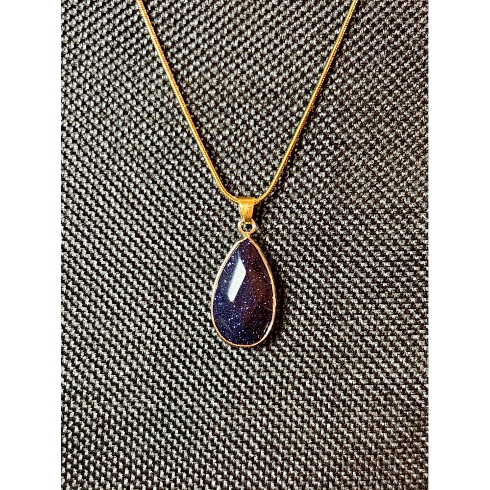 Blue Sandstone Teardrop Pendant Necklace Gold Tone Stainless Steel Snake Chain